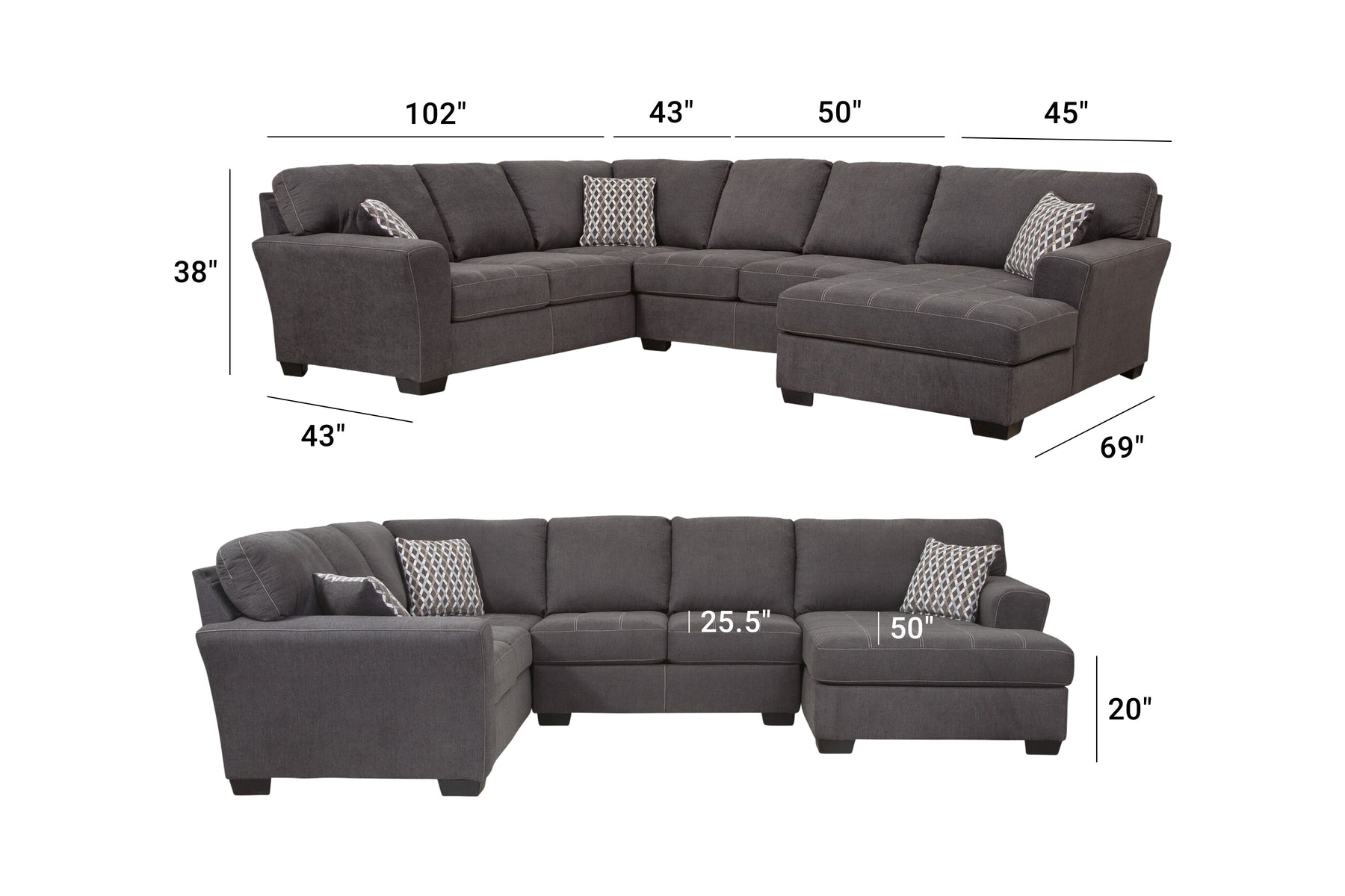 A101V5 3-Piece Sectional- Charcoal Grey